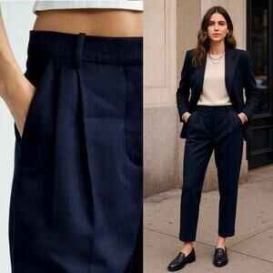 NEW! Nili Lotan 10 Slouchy Wool $575 Montana Dress Pants Pleated Crop Navy Blue